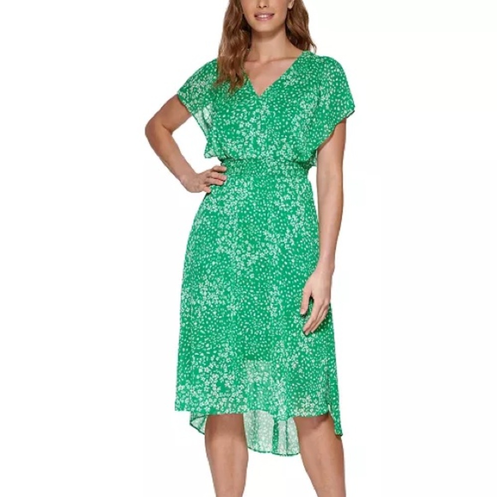 DKNY Green Printed Smocked-Waist Midi Dress